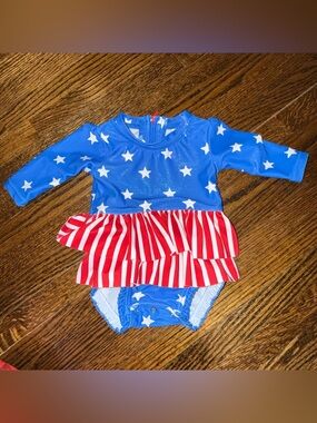 Baby Girls Patriotic Star & Stripe Ruffle Swimsuit Rashguard- Blue & Red